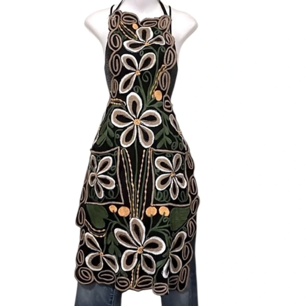 Bohemian Embroidered Green Gold Tan Black Floral Colorful Boho Apron
